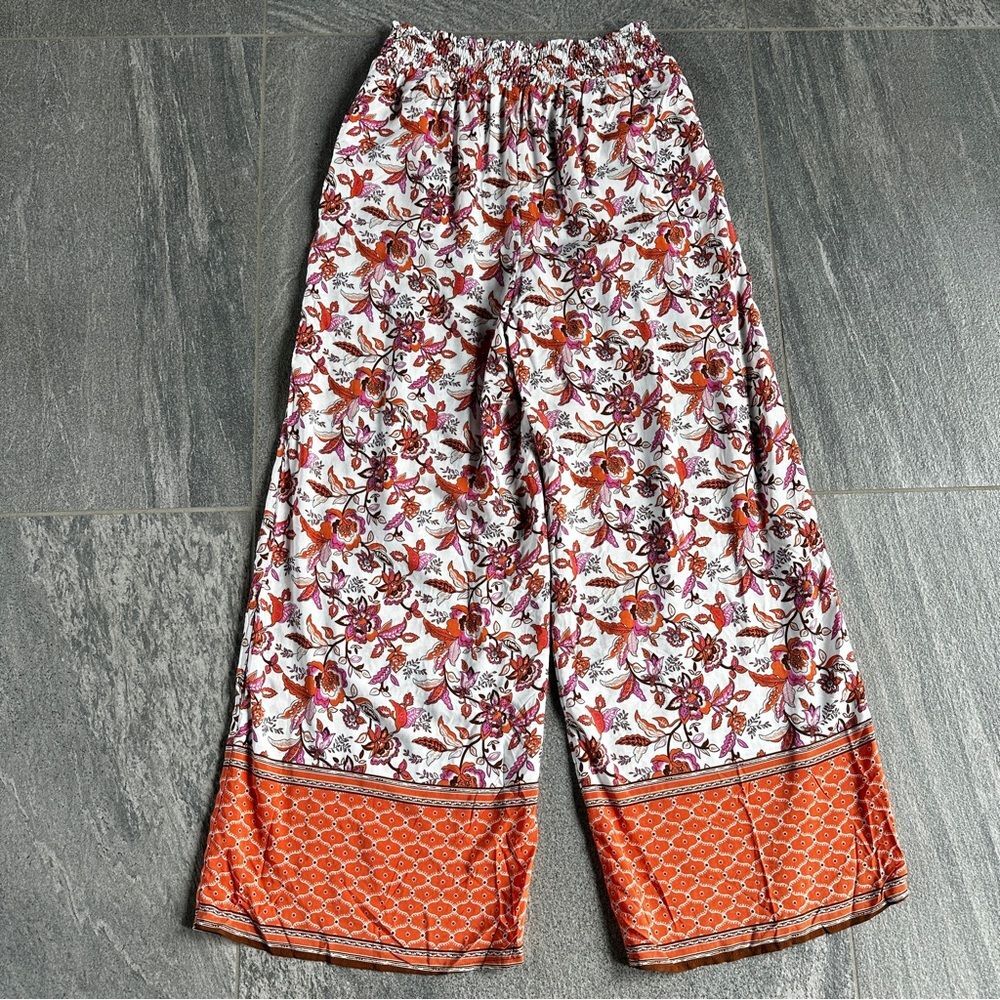 NWT Wide-Leg Pull-on Elastic Waist Flowy Boho Pants Pockets Orange Pink Floral S - Picture 9 of 16